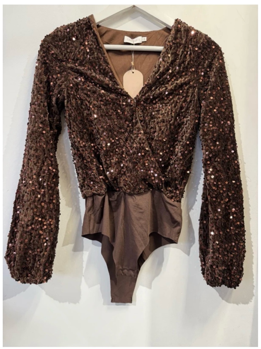 Brown Sequin V-Neck Long Sleeve Bodysuit designed in Le Paris